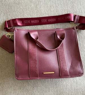 Steve Madden-Burgundy Faux Leather Handbag with Shoulder Strap and Pouch